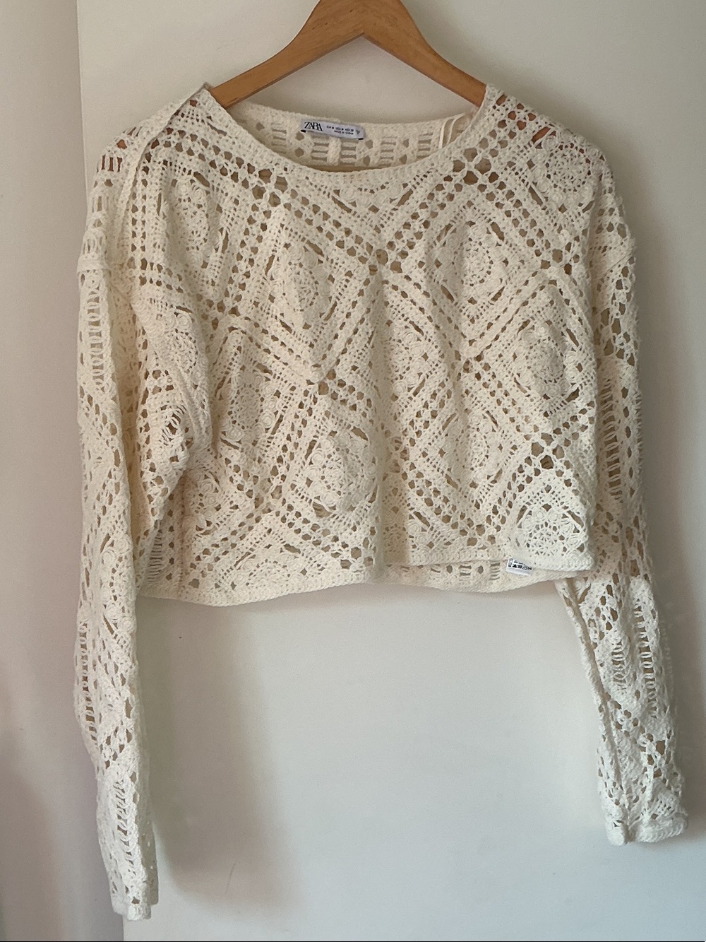 Zara Cream Crochet Long-Sleeve Crop Top